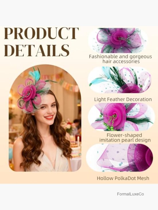 8 Vintage Feather Floral Fascinator Hats Set - Mesh Headband & Clip for Tea